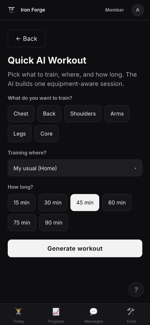 Generating an AI workout sized to your time and equipment
